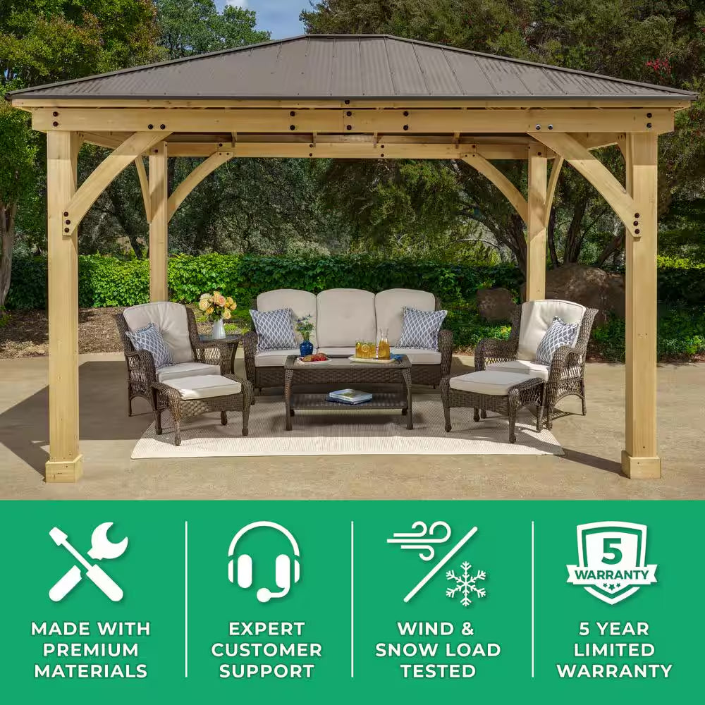 DIY Meridian 12 Ft. X 12 Ft. Cedar Wood Outdoor Gazebo Kit with Hardtop Metal Roof - Permanent Covered Patio Shade