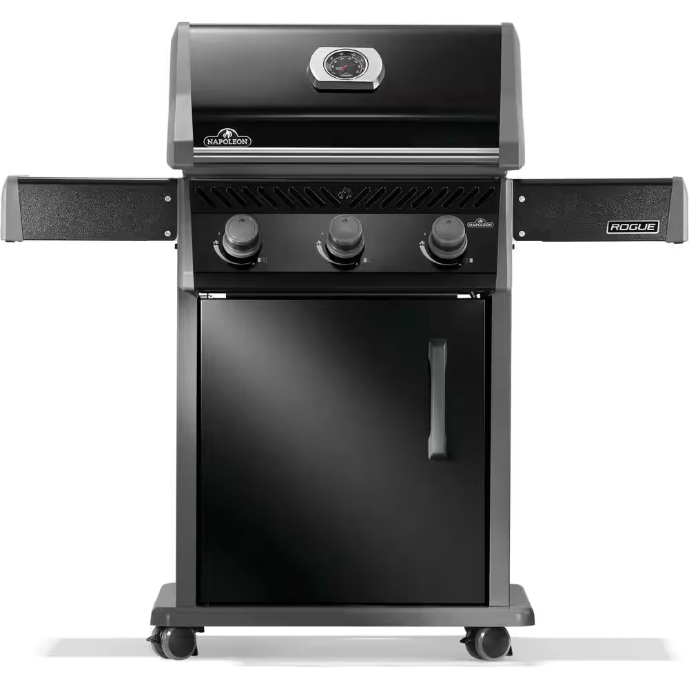 Rogue 425 3-Burner Propane Gas Grill in Black with Cast Iron Cooking Grids